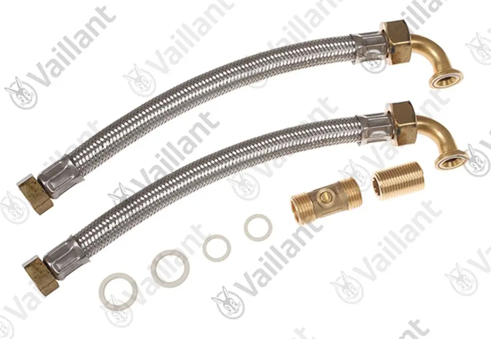 Flexible Anschlussleitungen von Vaillant mit Metallgeflecht und verschiedenen Anschlussteilen, geeignet für Heizungsinstallationen.